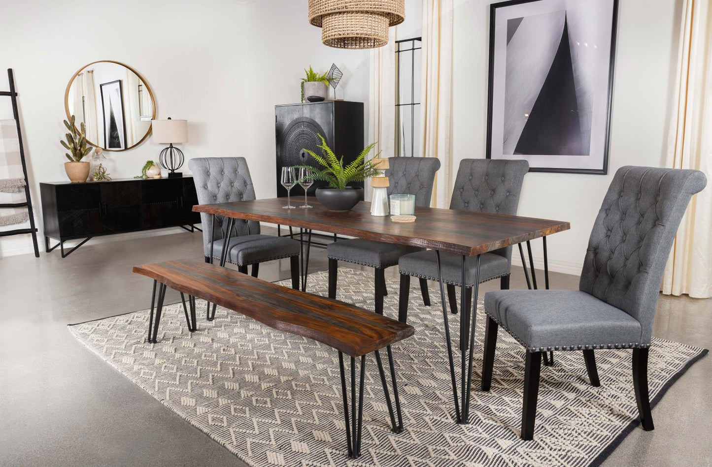Neve Sheesham Gray/Gunmetal Live-edge Dining Bench with Hairpin Legs - 193863 - Luna Furniture - Dallas Store