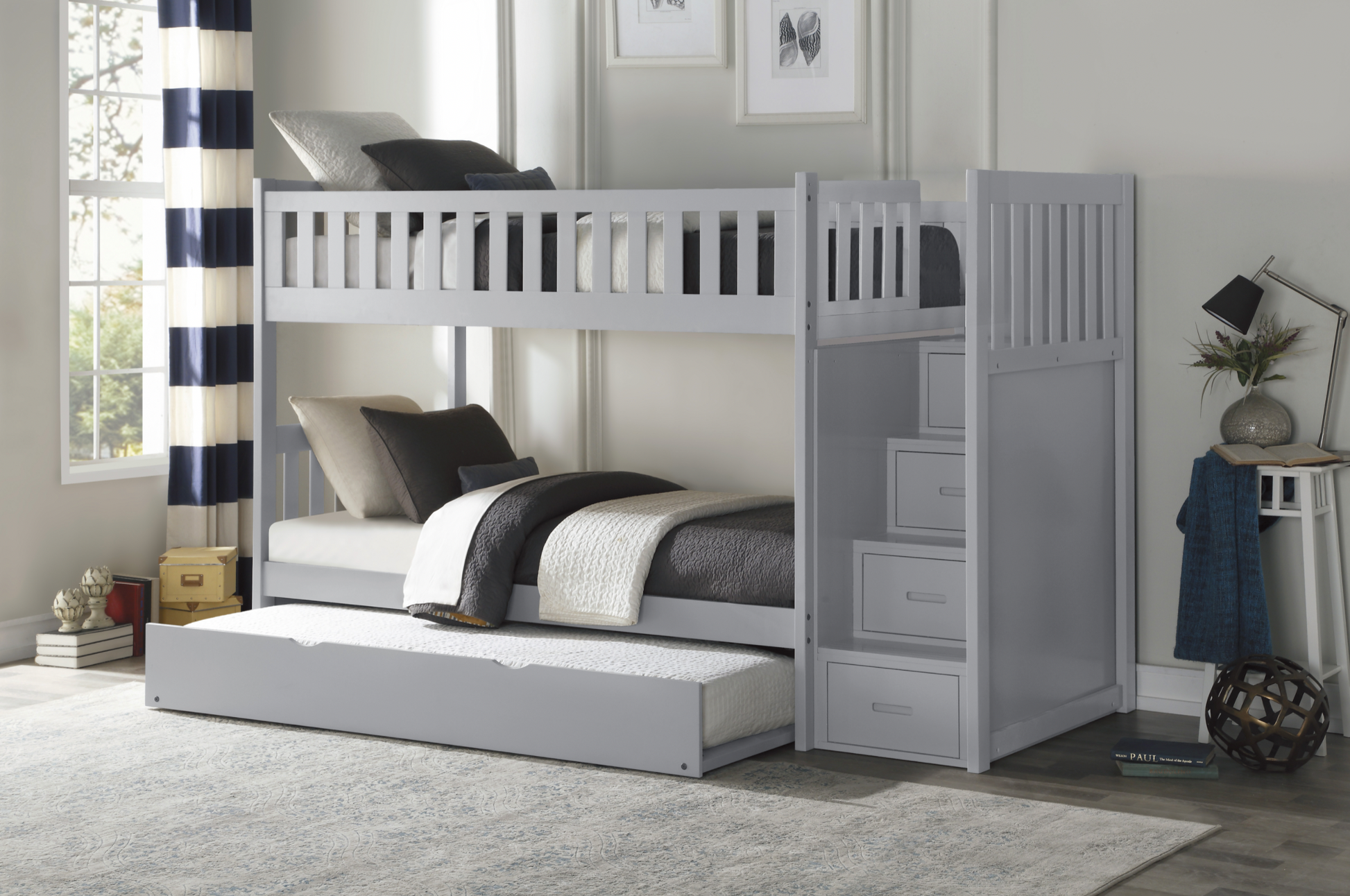 Orion Gray Twin/Twin Step Bunk Bed with Twin Trundle - SET | B2063SB-1 | B2063SB-2 | B2063SB-3 | B2063SB-SL | B2063-R - Luna Furniture - Dallas Store