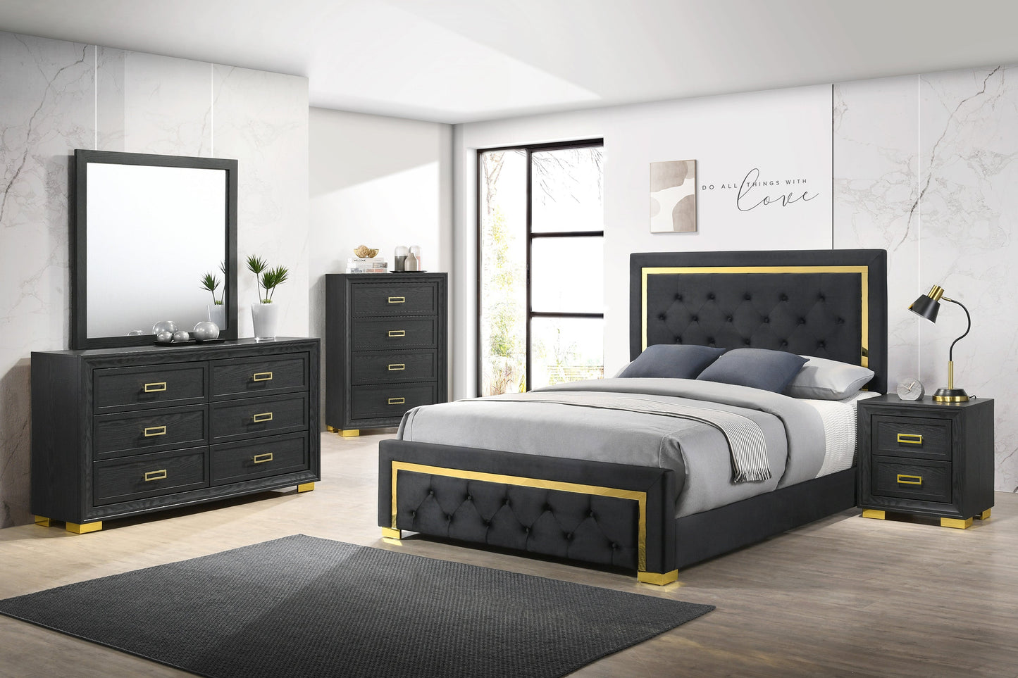 Pepe Black/Gold King Panel Upholstered Bed - SET | B9290-K-HBFB | B9290-KQ-RAIL - Luna Furniture - Dallas Store