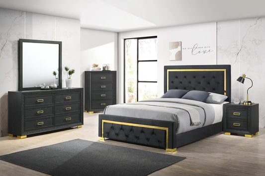 Pepe Black/Gold Panel Upholstered Bedroom Set - SET | B9290-Q-HBFB | B9290-KQ-RAIL | B9290-2 | B9290-4 - Luna Furniture - Dallas Store