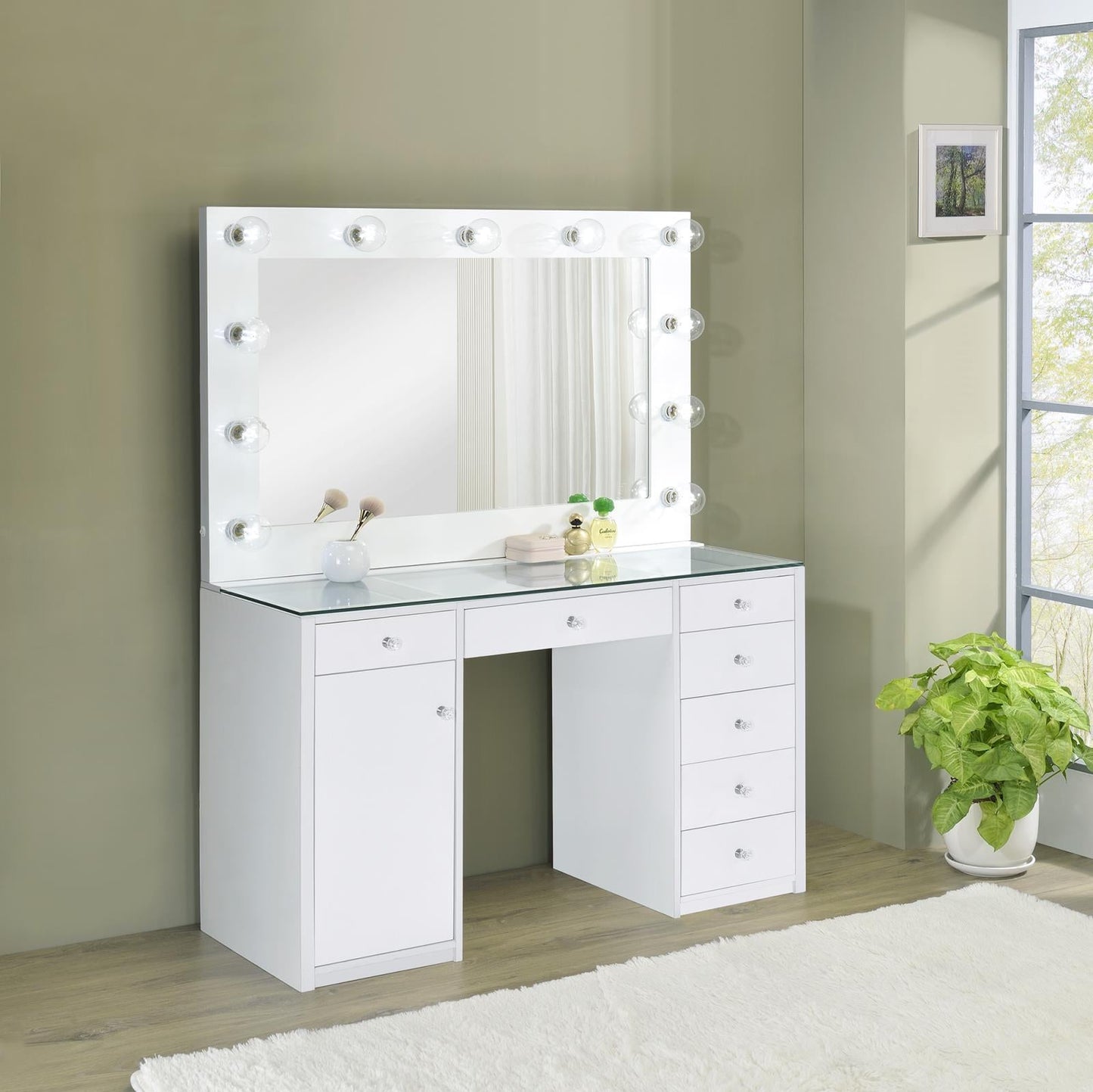 Percy 7-Drawer Glass Top Vanity Desk with Lighting White - 931143 - Luna Furniture - Dallas Store