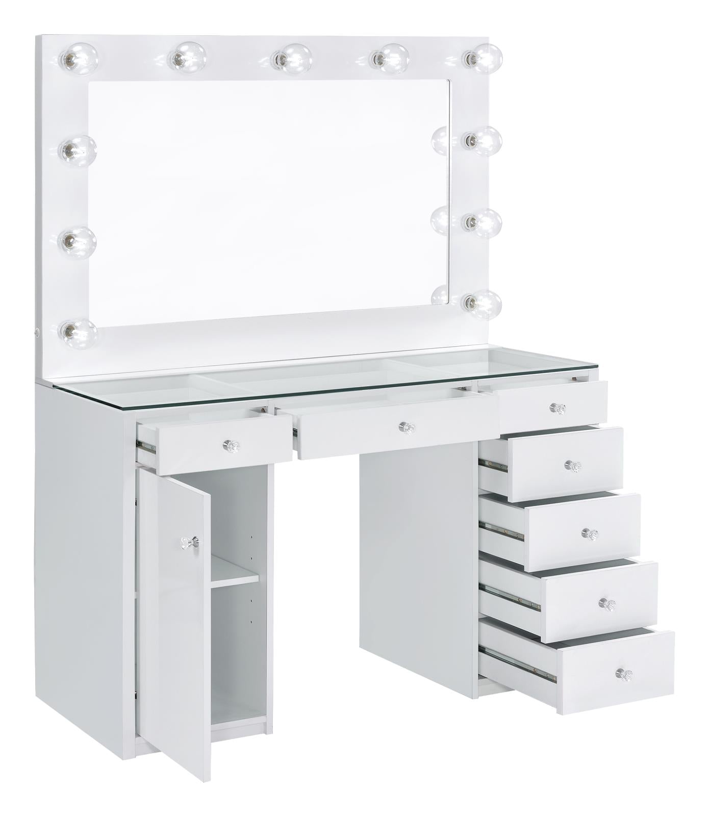 Percy 7-Drawer Glass Top Vanity Desk with Lighting White - 931143 - Luna Furniture - Dallas Store