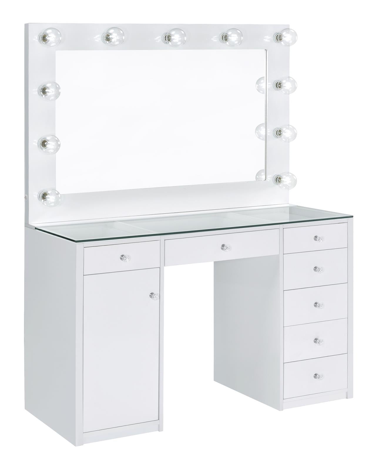 Percy 7-Drawer Glass Top Vanity Desk with Lighting White - 931143 - Luna Furniture - Dallas Store