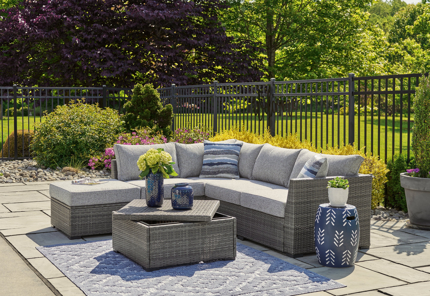 Petal Road Gray Outdoor Loveseat Sectional/Ottoman/Table Set, Set of 4 - P297-070 - Luna Furniture - Dallas Store