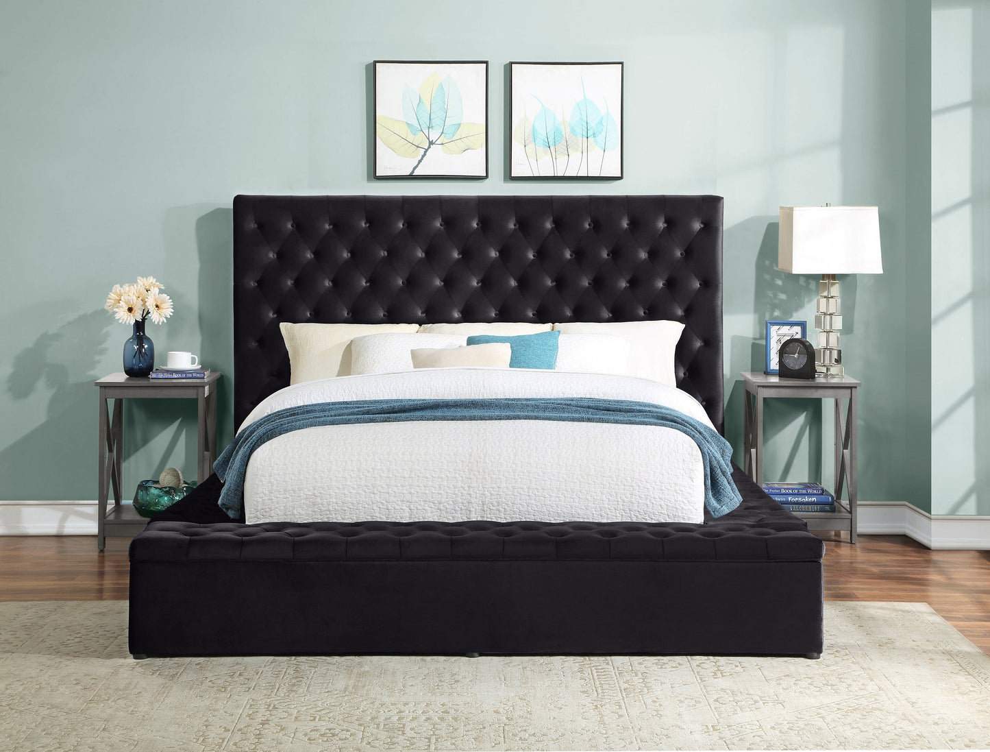 Prague Black Velvet King Upholstered Storage Platform Bed - SET | SH250BLKK-1 | SH250BLKK-2 | SH250BLKK-3EK - Luna Furniture - Dallas Store