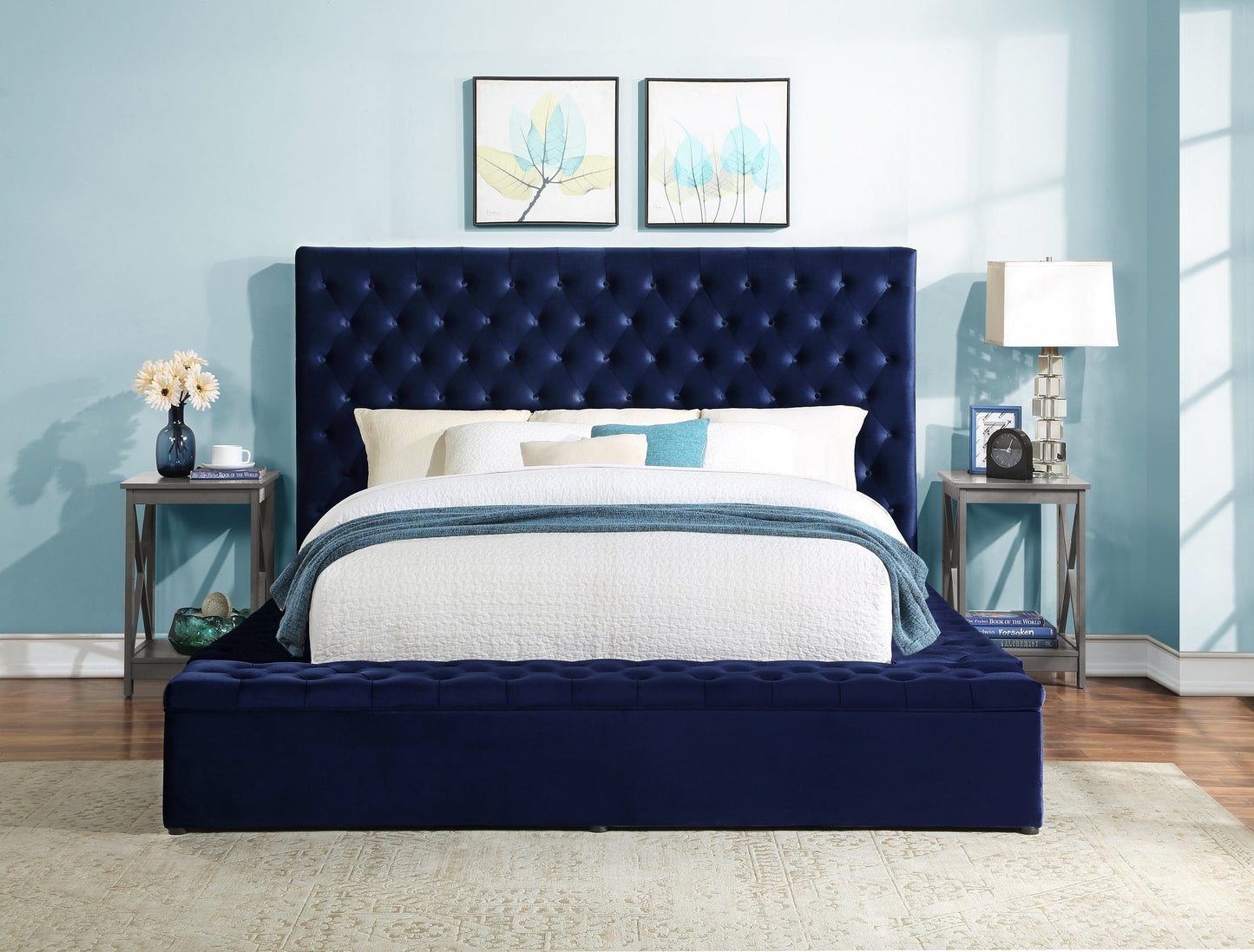 Prague Blue Velvet King Upholstered Storage Platform Bed - SET | SH250BLUK-1 | SH250BLUK-2 | SH250BLUK-3EK - Luna Furniture - Dallas Store