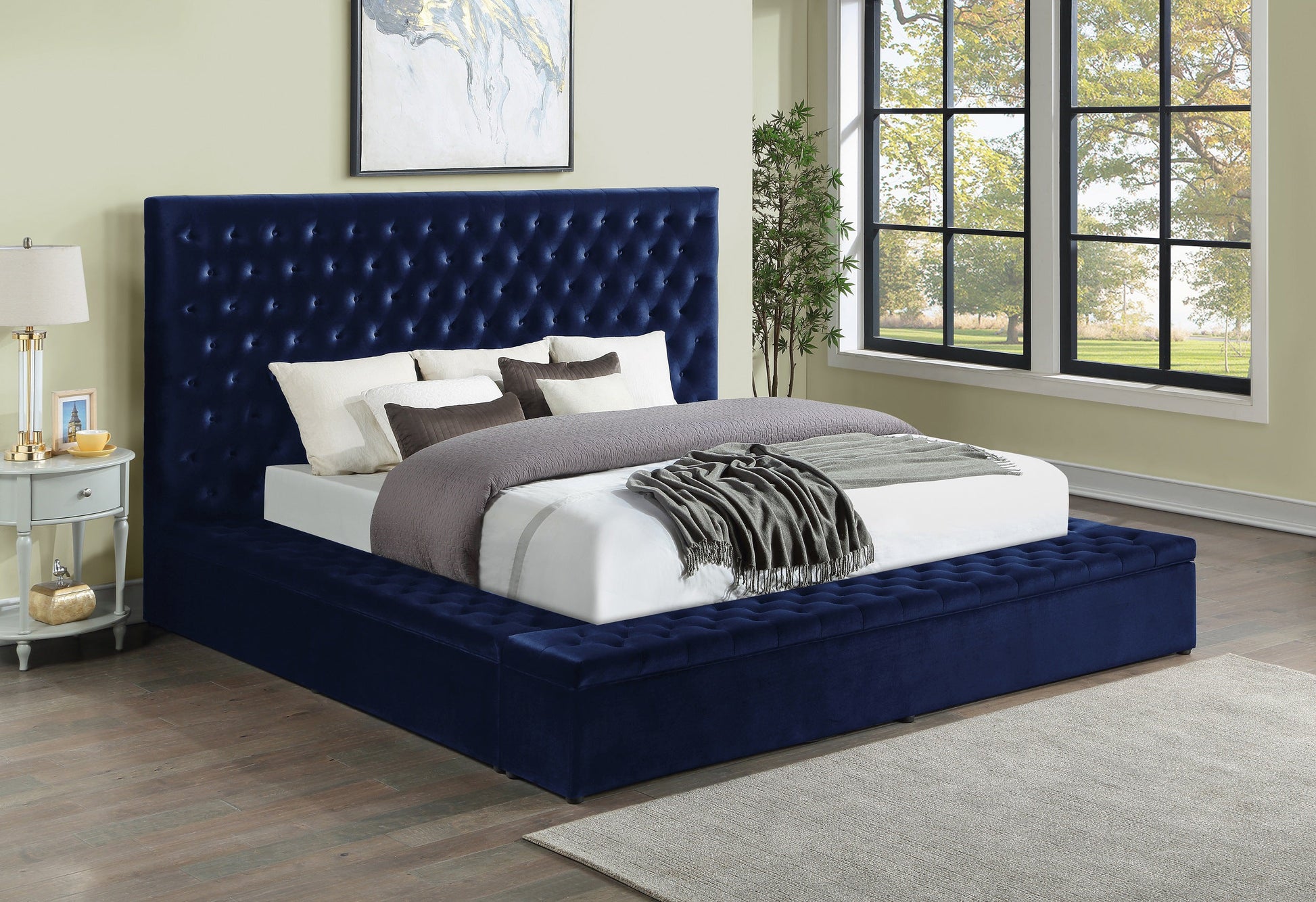 Prague Blue Velvet Queen Upholstered Storage Platform Bed - SET | SH250BLU-1 | SH250BLU-2 | SH250BLU-3 - Luna Furniture - Dallas Store