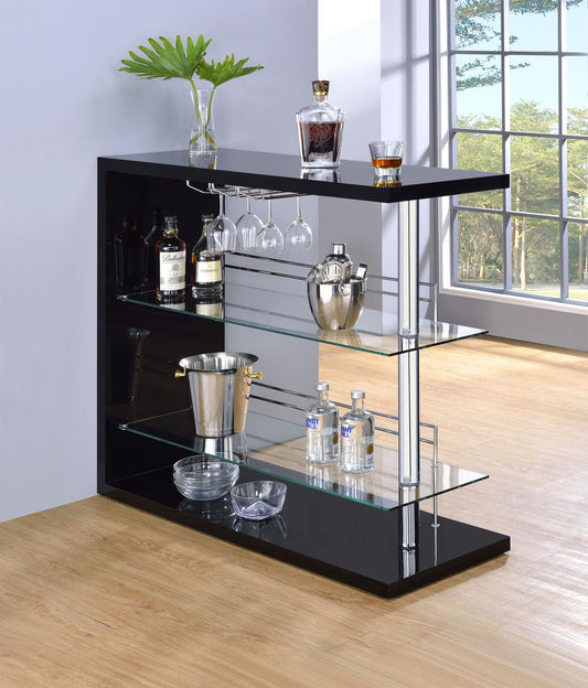 Prescott Glossy Black Rectangular 2-Shelf Bar Unit - 100165 - Luna Furniture - Dallas Store
