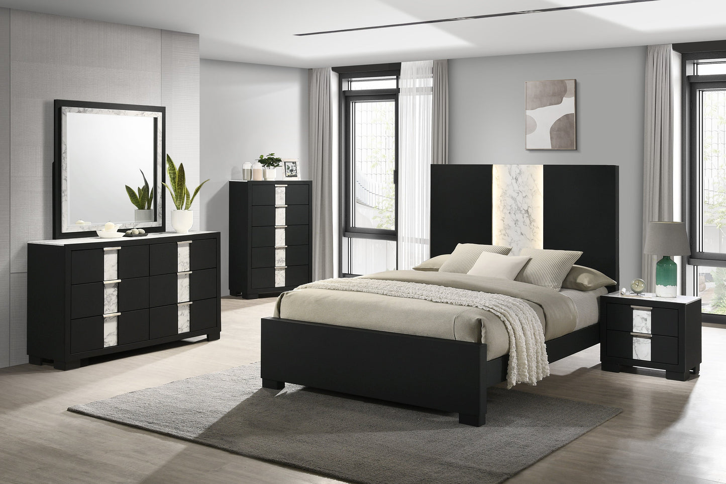Rangley Black LED Panel Bedroom Set - SET | B6835-Q-HB | B6835-Q-FB | B6835-KQ-RAIL | B6835-2 | B6835-4 - Luna Furniture - Dallas Store