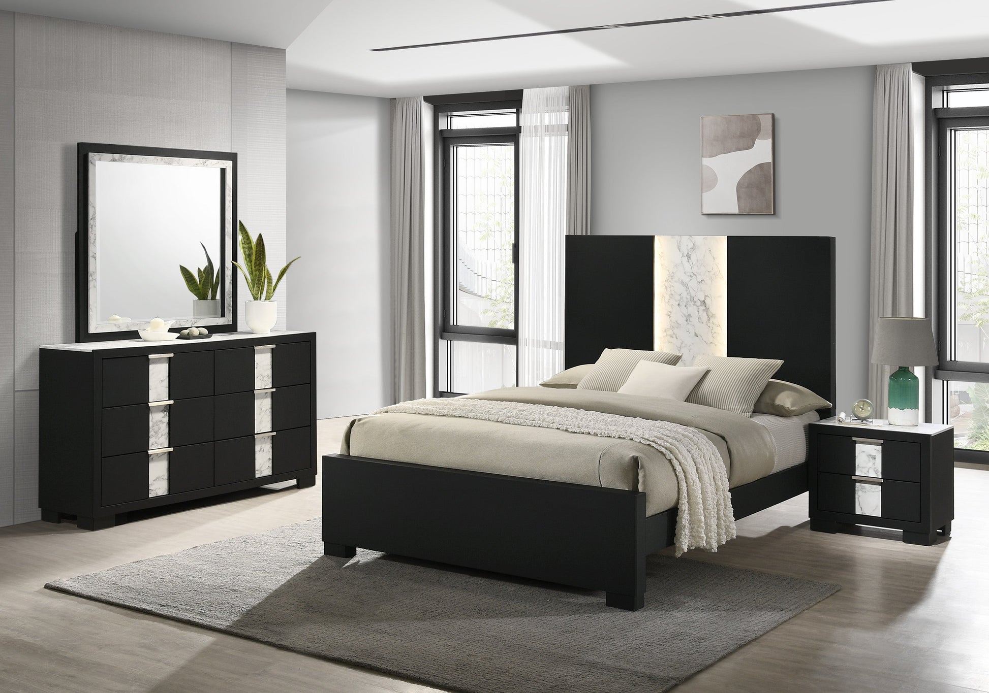 Rangley Black LED Panel Bedroom Set - SET | B6835-Q-HB | B6835-Q-FB | B6835-KQ-RAIL | B6835-2 | B6835-4 - Luna Furniture - Dallas Store