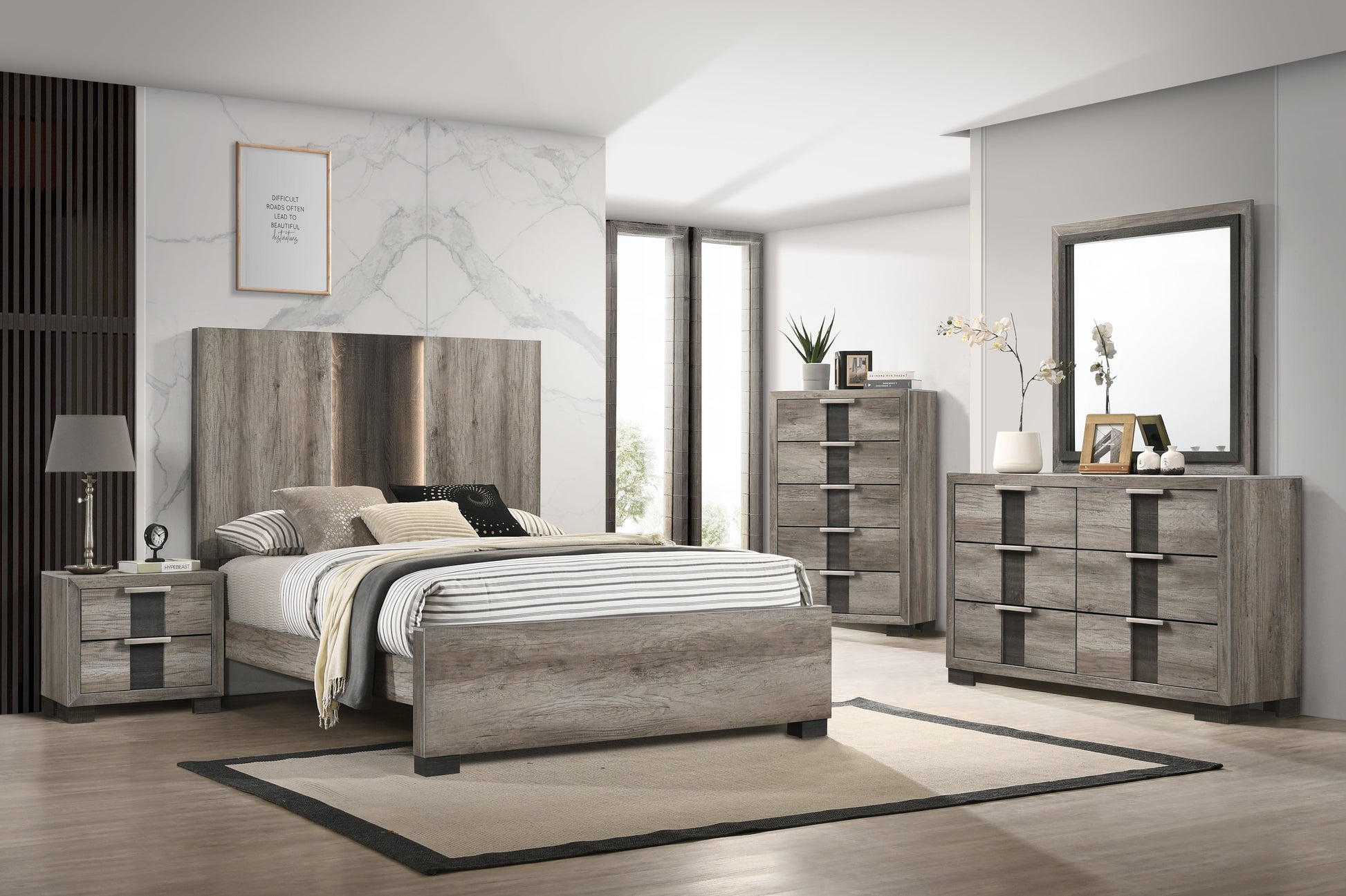Rangley Brown LED Panel Bedroom Set - SET | B6830-Q-HB | B6830-Q-FB | B6830-KQ-RAIL | B6830-2 | B6830-4 - Luna Furniture - Dallas Store