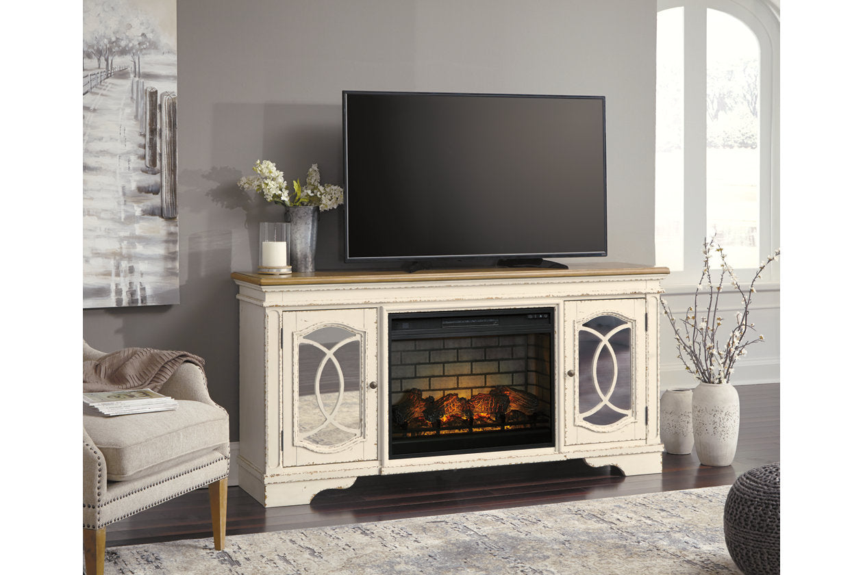 Realyn Chipped White 74" TV Stand with Electric Fireplace - SET | W743-68 | W100-121 - Luna Furniture - Dallas Store