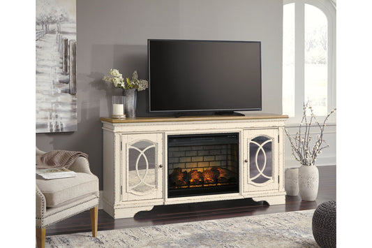 Realyn Chipped White 74" TV Stand with Electric Fireplace - SET | W743-68 | W100-121 - Luna Furniture - Dallas Store