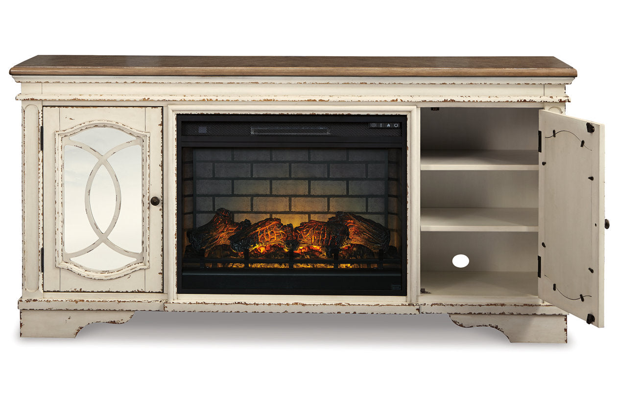Realyn Chipped White 74" TV Stand with Electric Fireplace - SET | W743-68 | W100-121 - Luna Furniture - Dallas Store