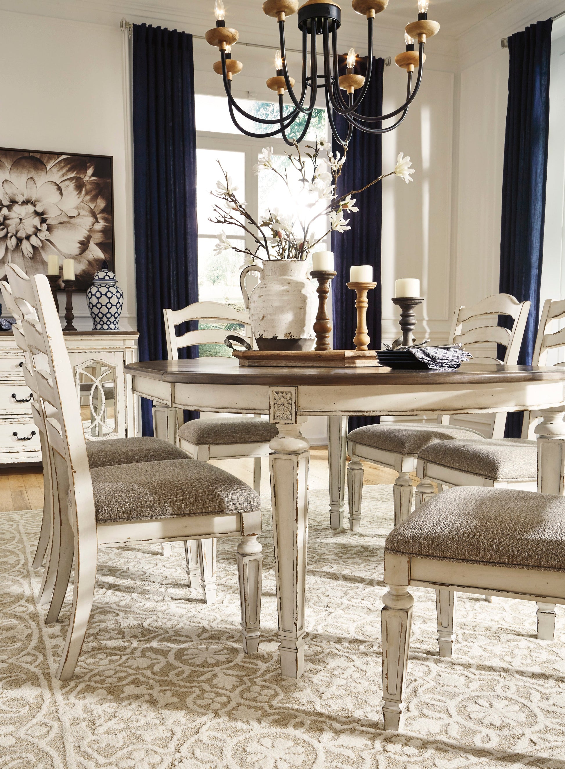 Realyn Chipped White Extendable Round/Oval Ladder Dining Set - SET | D743-35 | D743-01(4) - Luna Furniture - Dallas Store