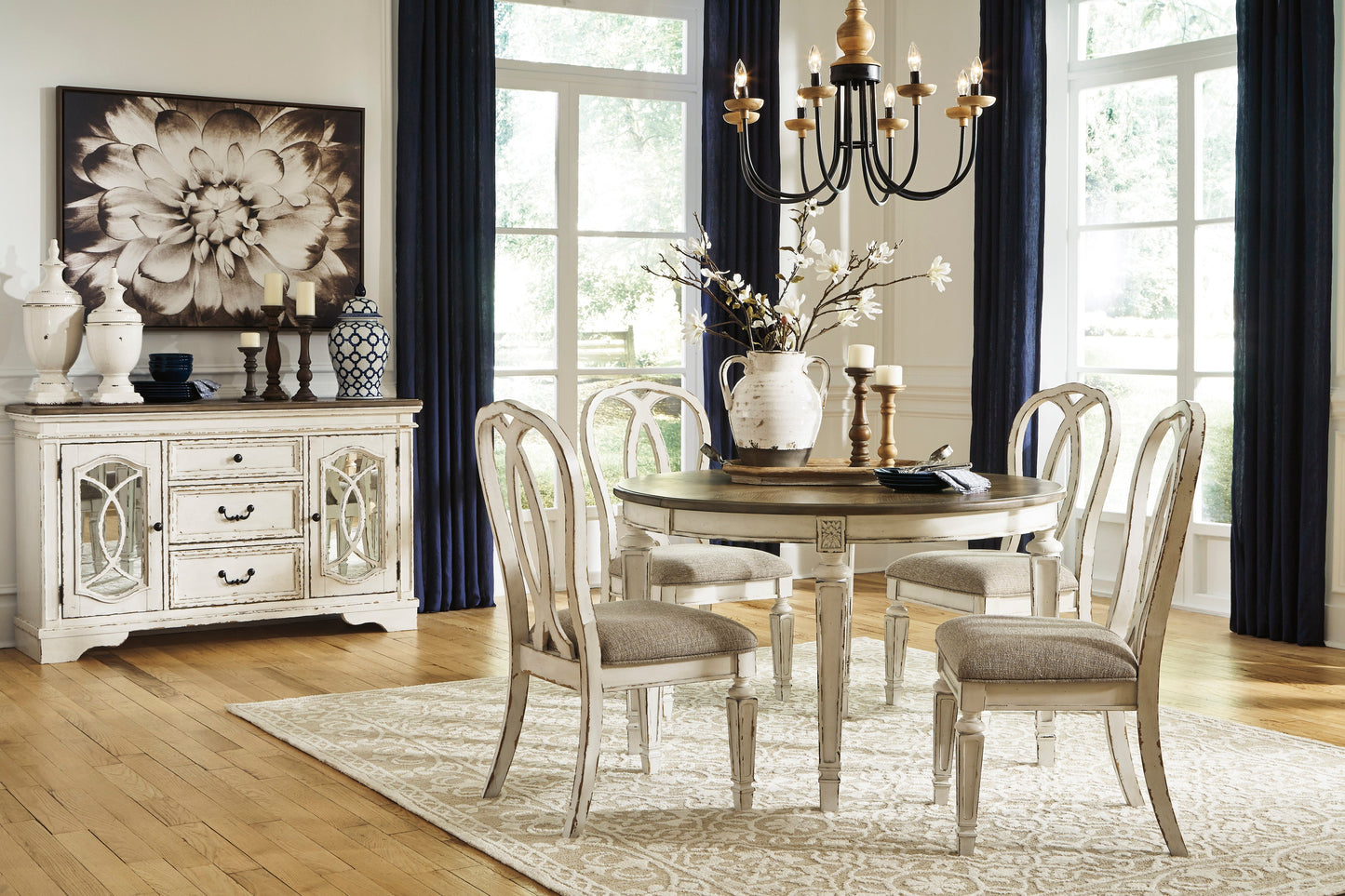 Realyn Chipped White Extendable Round/Oval Ladder Dining Set - SET | D743-35 | D743-01(4) - Luna Furniture - Dallas Store
