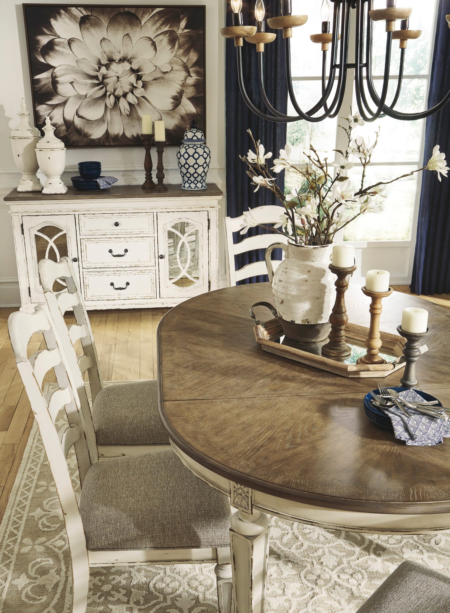 Realyn Chipped White Extendable Round/Oval Ladder Dining Set - SET | D743-35 | D743-01(4) - Luna Furniture - Dallas Store