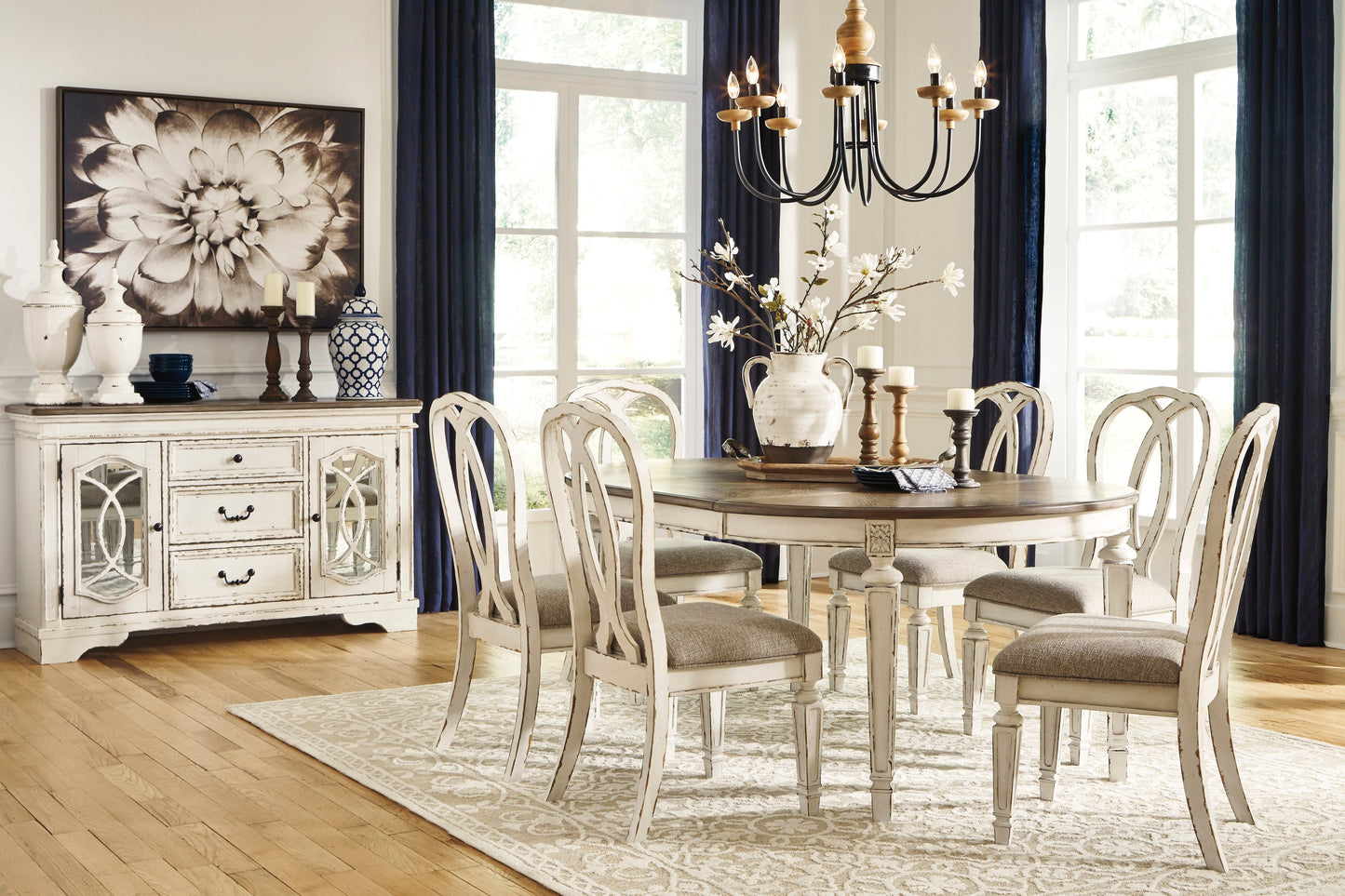 Realyn Chipped White Extendable Round/Oval Ribbon Dining Set - SET | D743-35 | D743-02(4) - Luna Furniture - Dallas Store