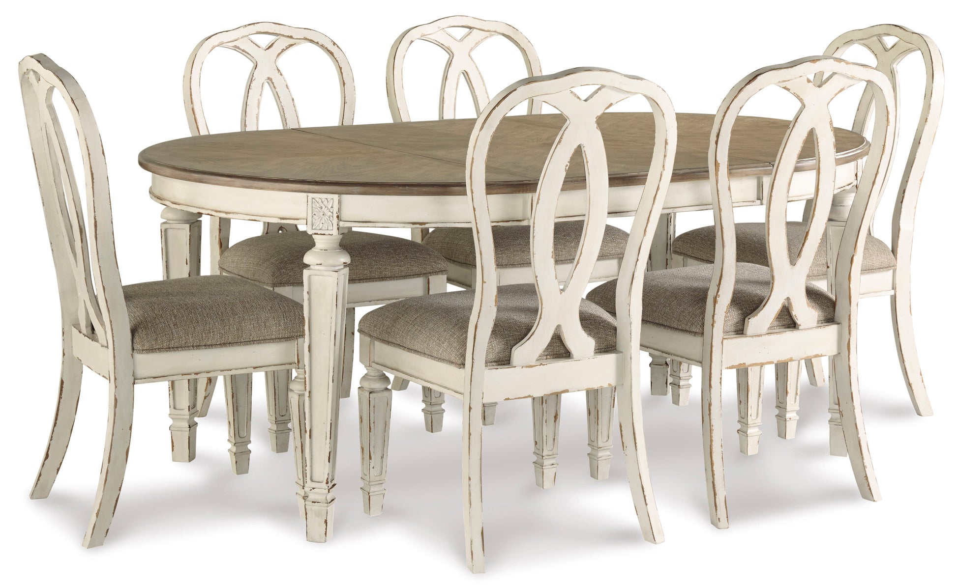 Realyn Chipped White Extendable Round/Oval Ribbon Dining Set - SET | D743-35 | D743-02(4) - Luna Furniture - Dallas Store