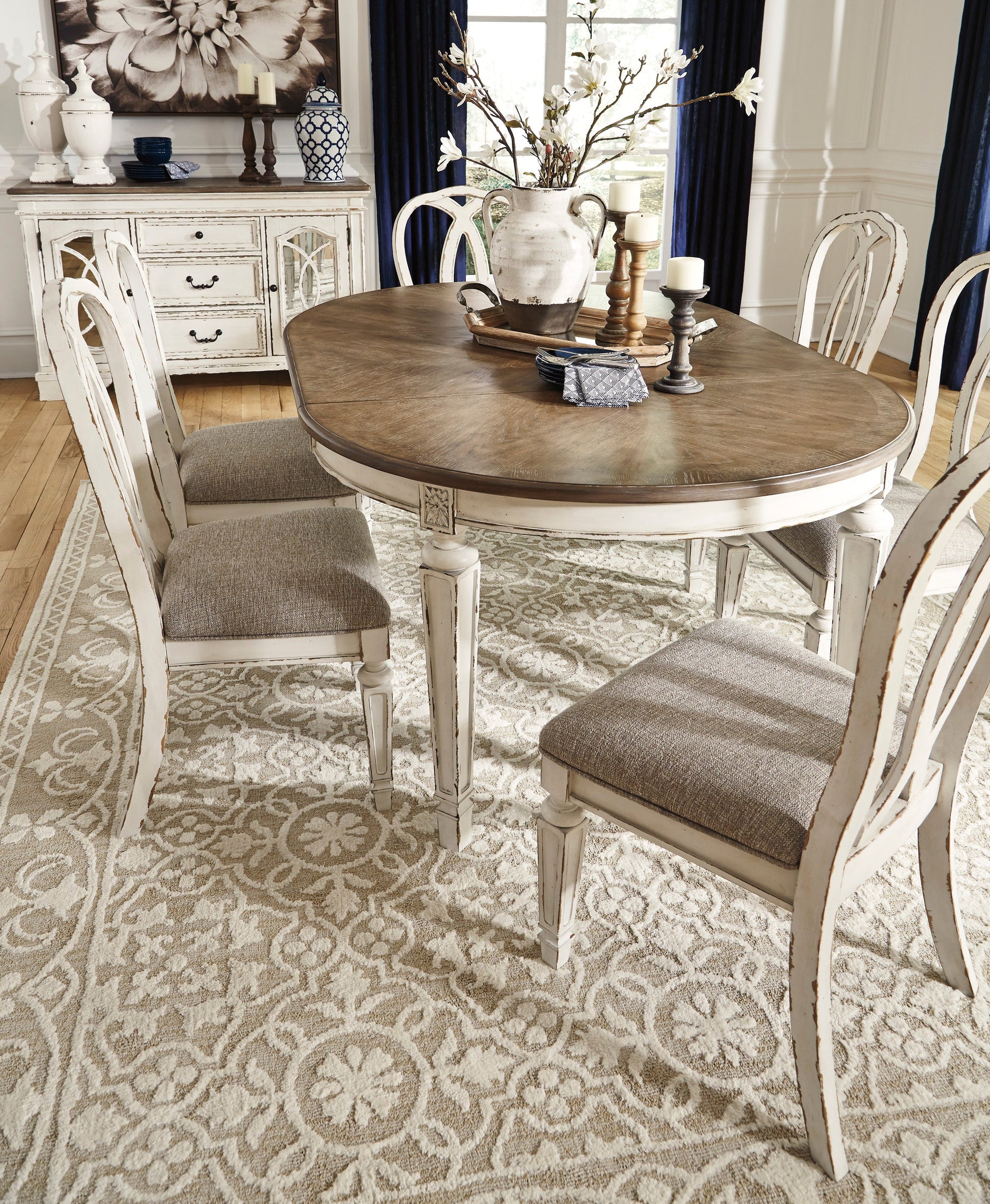Realyn Chipped White Extendable Round/Oval Ribbon Dining Set - SET | D743-35 | D743-02(4) - Luna Furniture - Dallas Store