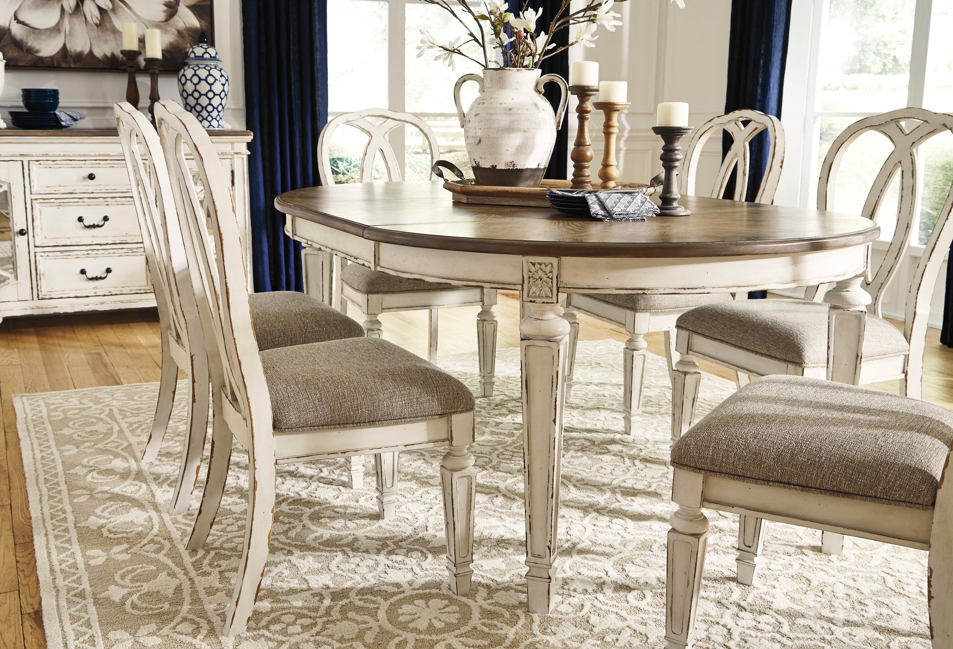 Realyn Chipped White Extendable Round/Oval Ribbon Dining Set - SET | D743-35 | D743-02(4) - Luna Furniture - Dallas Store