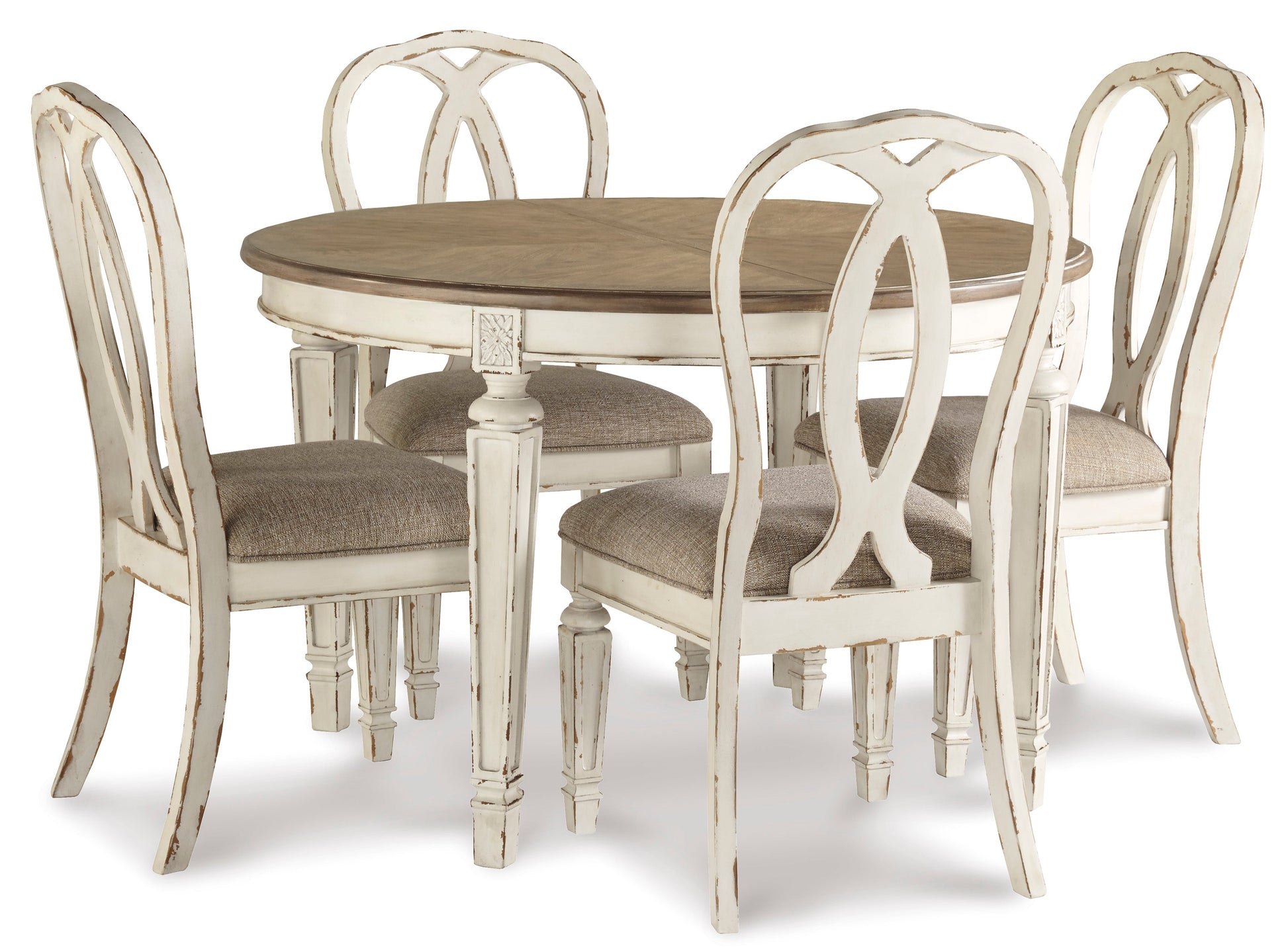 Realyn Chipped White Extendable Round/Oval Ribbon Dining Set - SET | D743-35 | D743-02(4) - Luna Furniture - Dallas Store