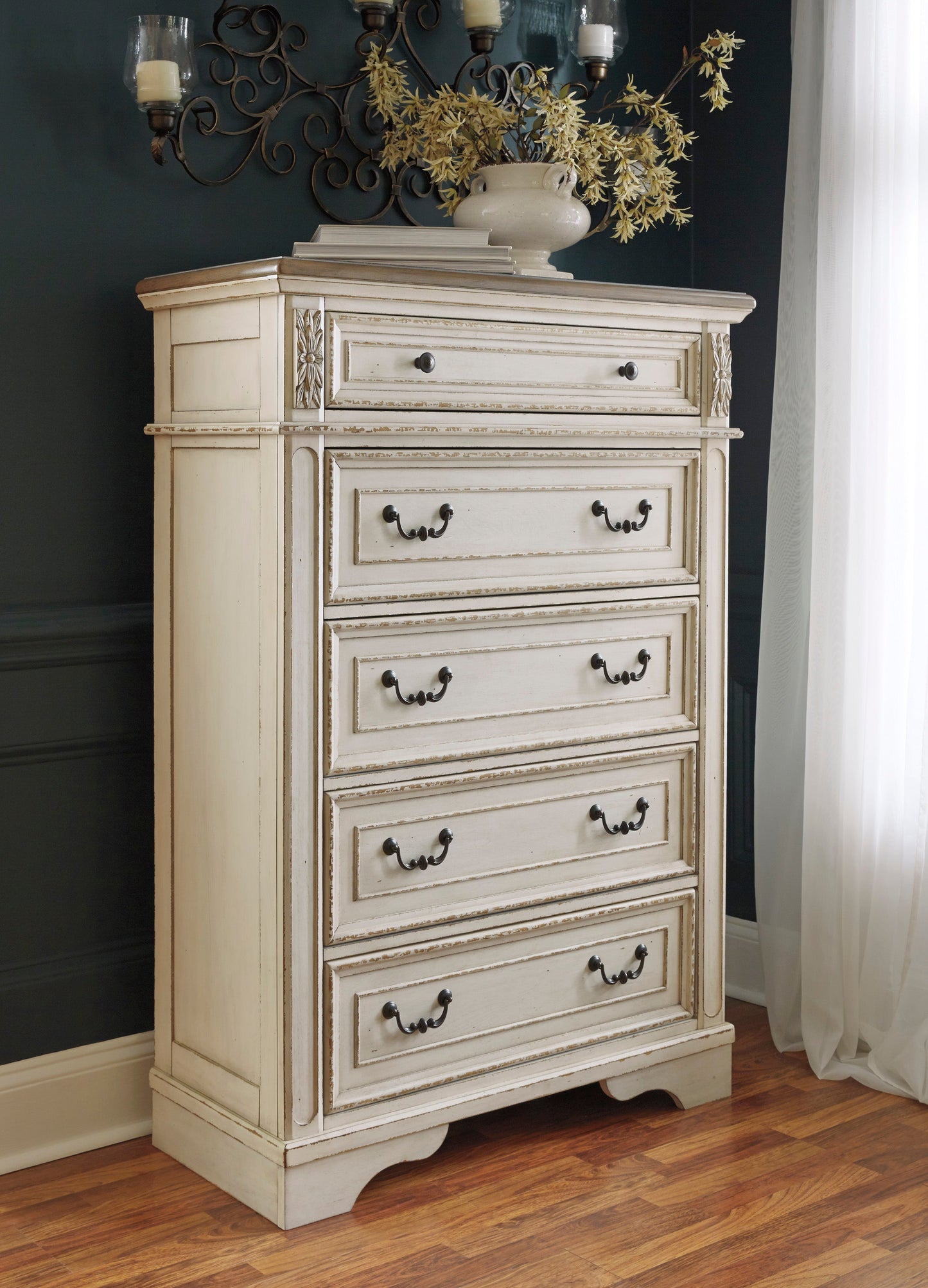 Realyn Chipped White Footboard Storage Platform Bedroom Set - SET | B743-54S | B743-57 | B743-196 | B743-93 | B743-46 - Luna Furniture - Dallas Store