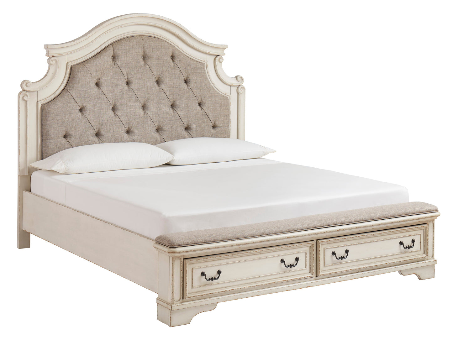 Realyn Chipped White Footboard Storage Platform Bedroom Set - SET | B743-54S | B743-57 | B743-196 | B743-93 | B743-46 - Luna Furniture - Dallas Store