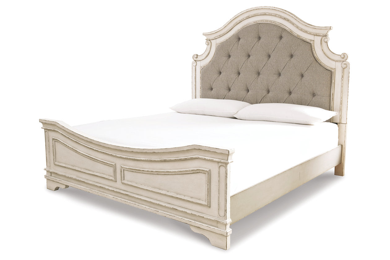Realyn Chipped White Queen Upholstered Panel Bed - SET | B743-54 | B743-57 | B743-96 - Luna Furniture - Dallas Store