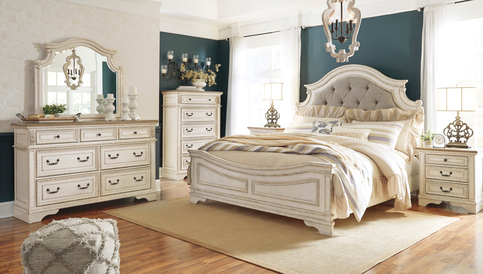 Realyn Chipped White Upholstered Panel Bedroom Set - SET | B743-54 | B743-57 | B743-96 | B743-31 | B743-36 - Luna Furniture - Dallas Store