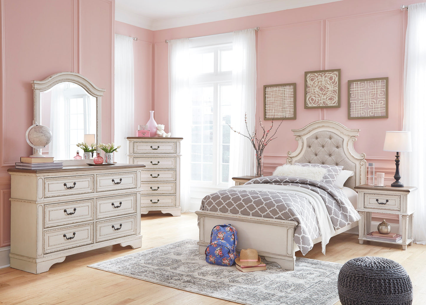 Realyn Chipped White Upholstered Panel Youth Bedroom Set - SET | B743-52 | B743-53 | B743-83 | B743-91 | B743-46 - Luna Furniture - Dallas Store