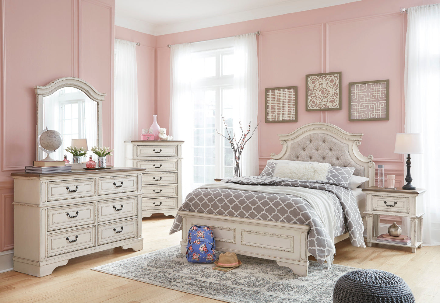 Realyn Chipped White Upholstered Panel Youth Bedroom Set - SET | B743-52 | B743-53 | B743-83 | B743-91 | B743-46 - Luna Furniture - Dallas Store