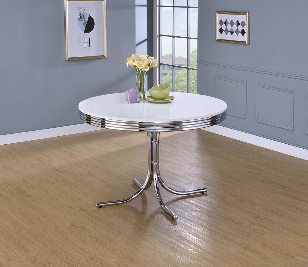 Retro Glossy White/Chrome Round Dining Table - 2388 - Luna Furniture - Dallas Store
