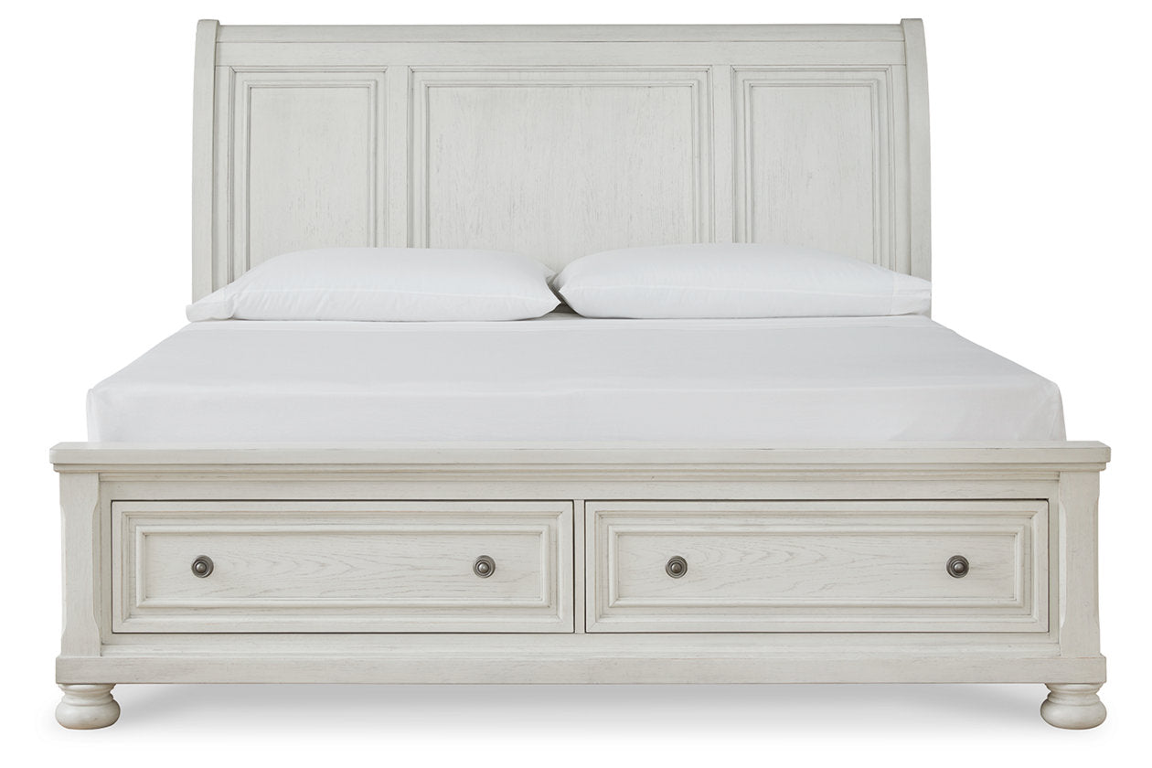Robbinsdale Antique White Queen Sleigh Bed with Storage - SET | B742-74 | B742-77 | B742-98 - Luna Furniture - Dallas Store