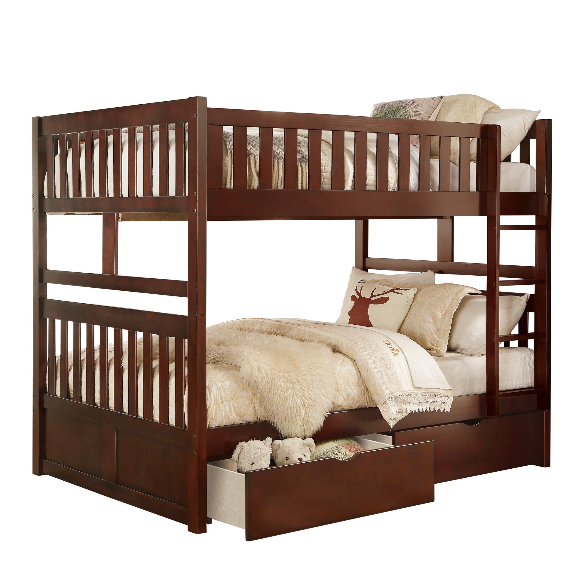 Rowe Dark Cherry Full/Full Bunk Bed with Storage Boxes - SET | B2013FFDC-1 | B2013FFDC-2 | B2013FFDC-SL | B2013DC-T - Luna Furniture - Dallas Store