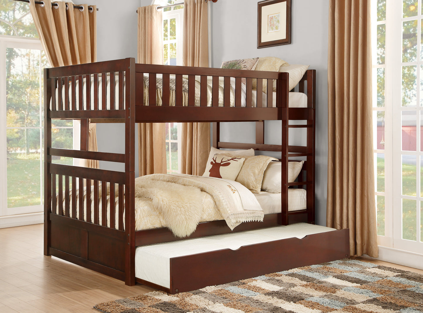 Rowe Dark Cherry Full/Full Bunk Bed with Twin Trundle - SET | B2013FFDC-1 | B2013FFDC-2 | B2013FFDC-SL | B2013DC-R - Luna Furniture - Dallas Store