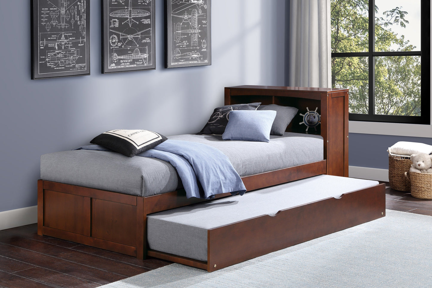 Rowe Dark Cherry Twin Bookcase Bed with Twin Trundle - SET | B2013BCDC-1 | B2013BCDC-2 | B2013DC-R - Luna Furniture - Dallas Store