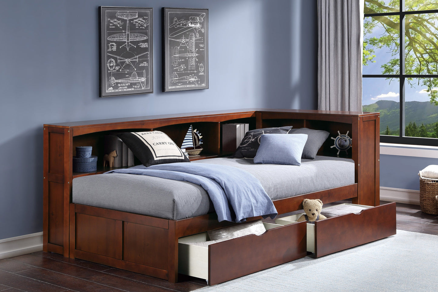 Rowe Dark Cherry Twin Bookcase Corner Bed with Storage Boxes - SET | B2013BCDC-1 | B2013BCDC-2 | B2013BCDC-BC | B2013DC-T - Luna Furniture - Dallas Store