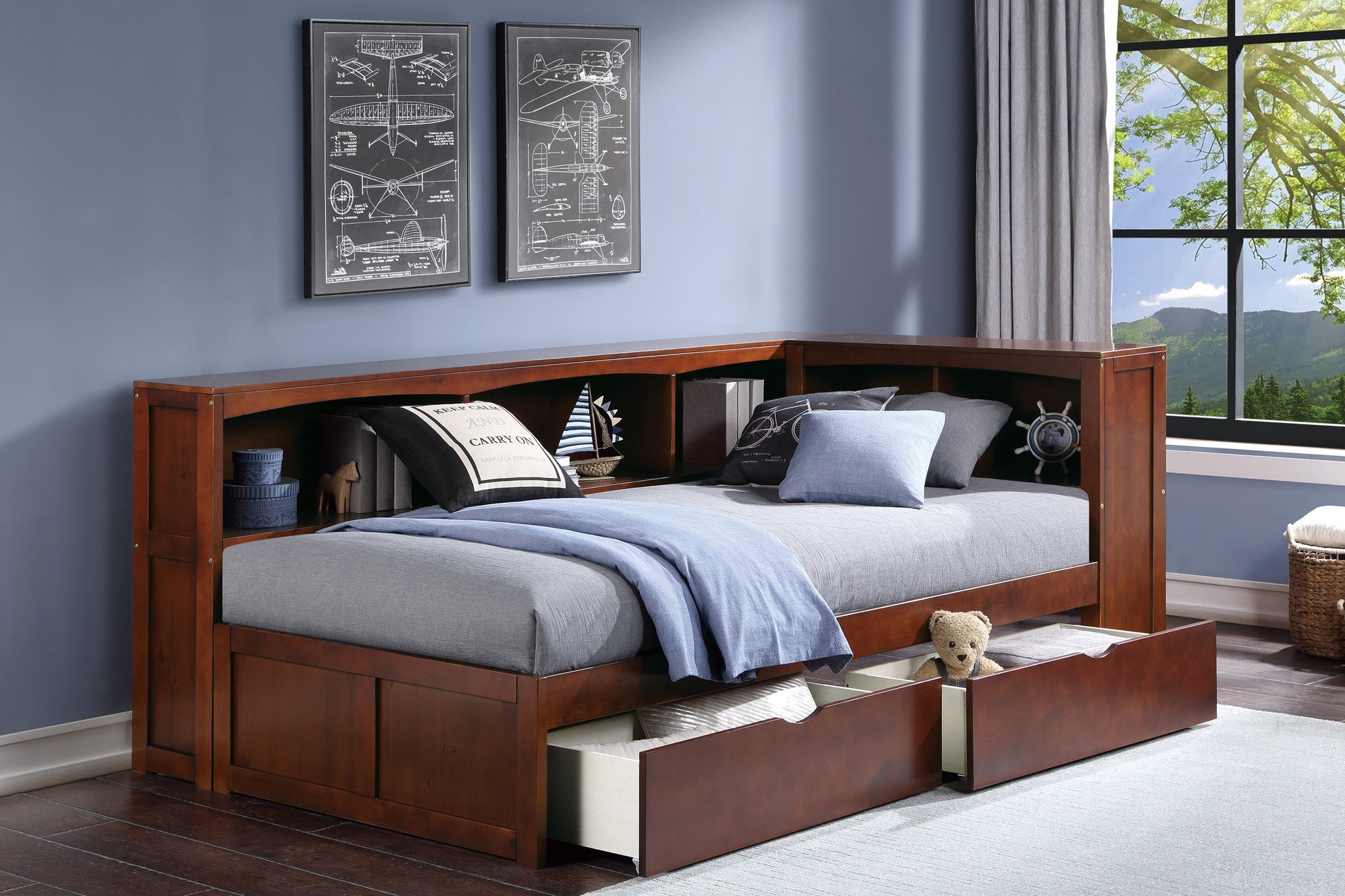 Rowe Dark Cherry Twin Bookcase Corner Bed with Storage Boxes - SET | B2013BCDC-1 | B2013BCDC-2 | B2013BCDC-BC | B2013DC-T - Luna Furniture - Dallas Store
