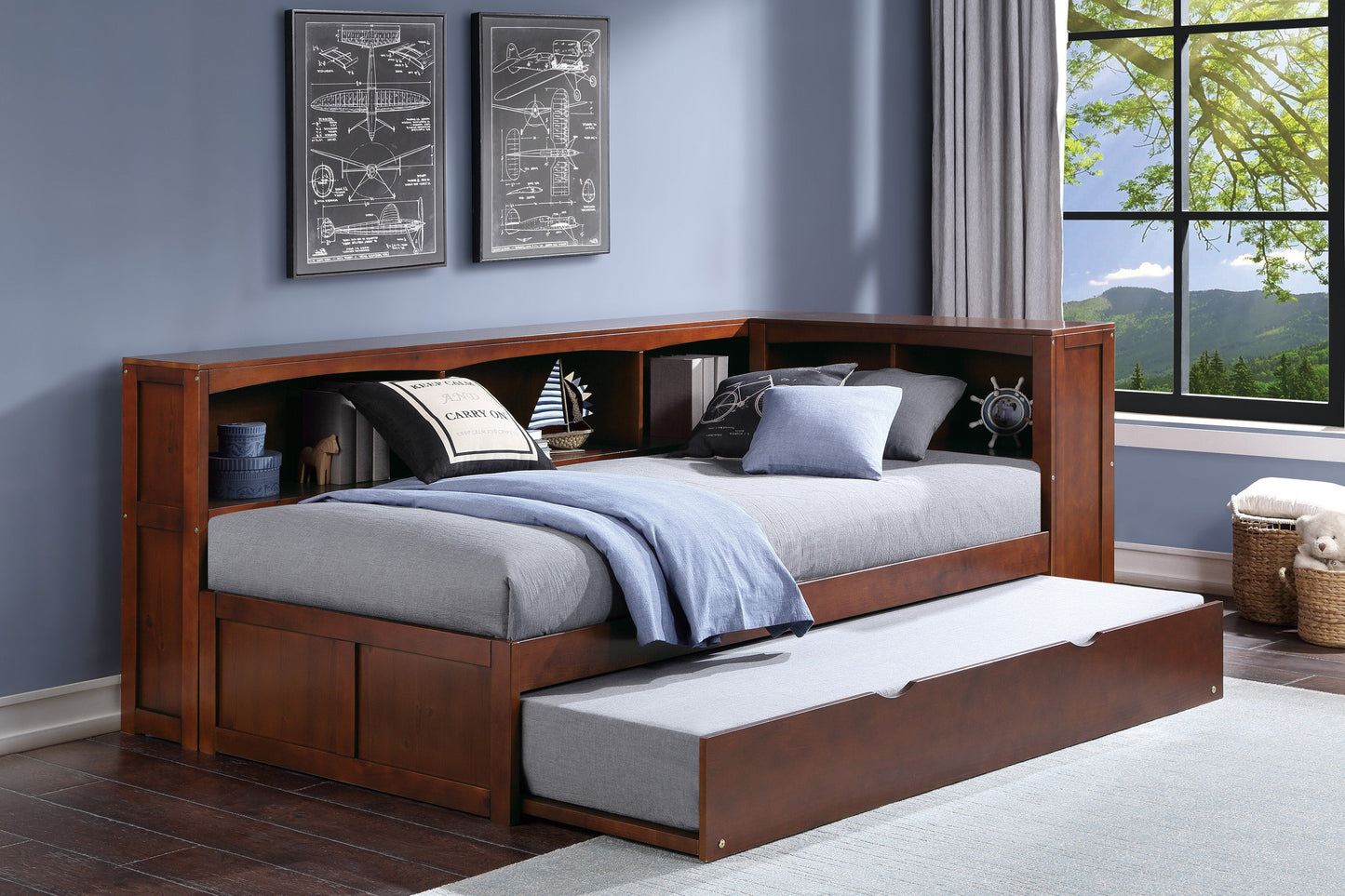 Rowe Dark Cherry Twin Bookcase Corner Bed with Twin Trundle - SET | B2013BCDC-1 | B2013BCDC-2 | B2013BCDC-BC | B2013DC-R - Luna Furniture - Dallas Store