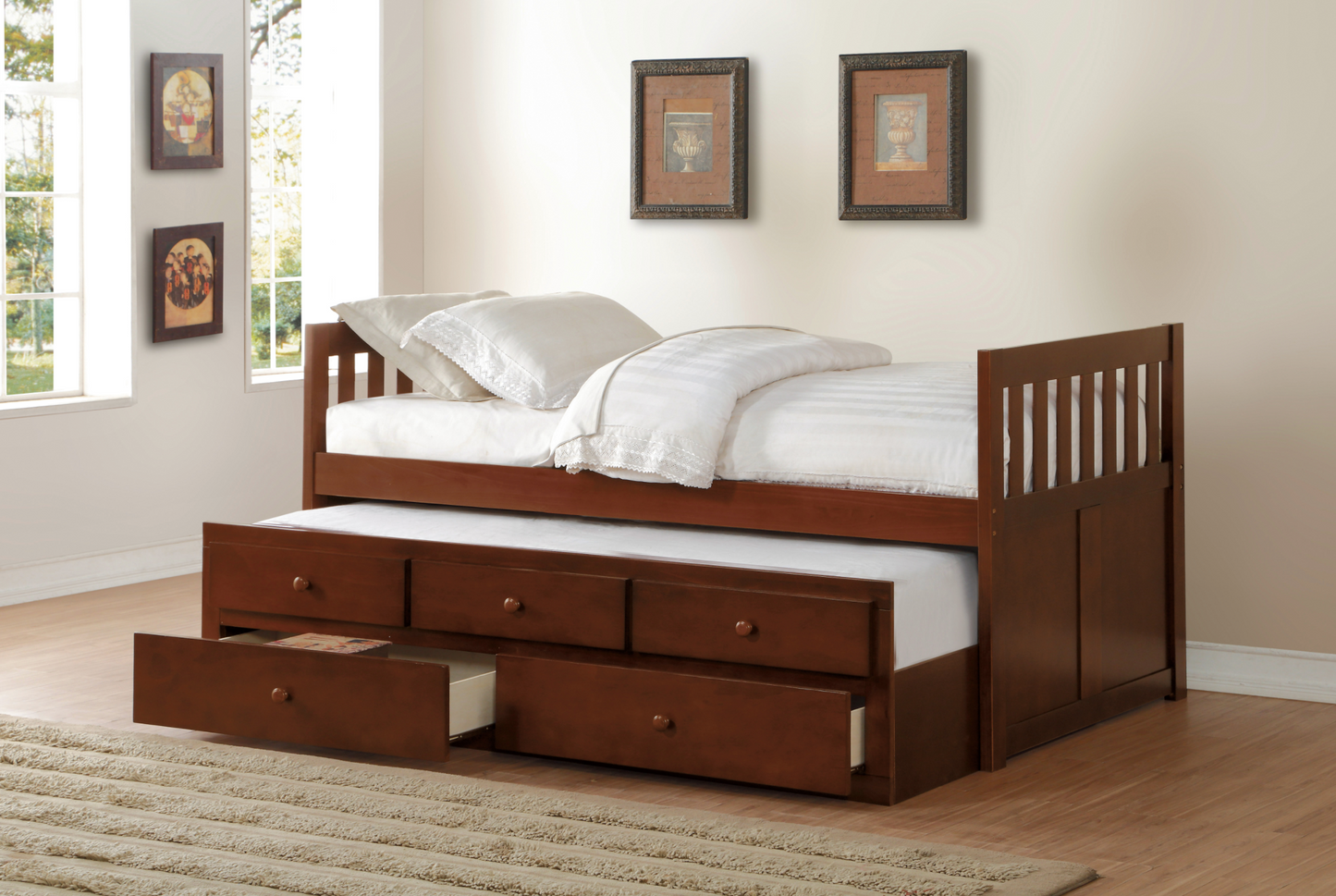 Rowe Dark Cherry Twin Captains Trundle Bed - SET | B2013PRDC-1 | B2013PRDC-2 - Luna Furniture - Dallas Store