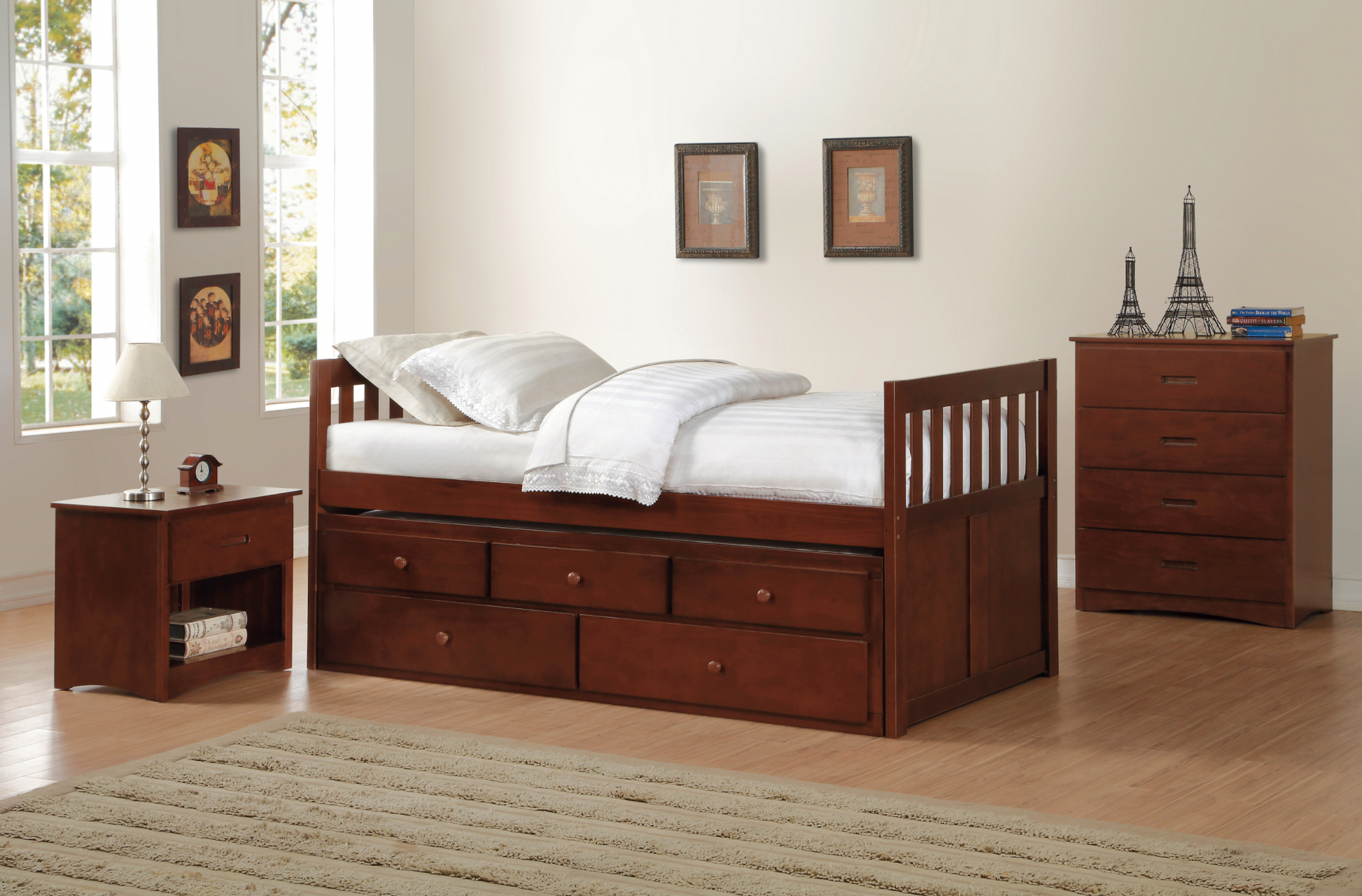 Rowe Dark Cherry Twin Captains Trundle Bed - SET | B2013PRDC-1 | B2013PRDC-2 - Luna Furniture - Dallas Store