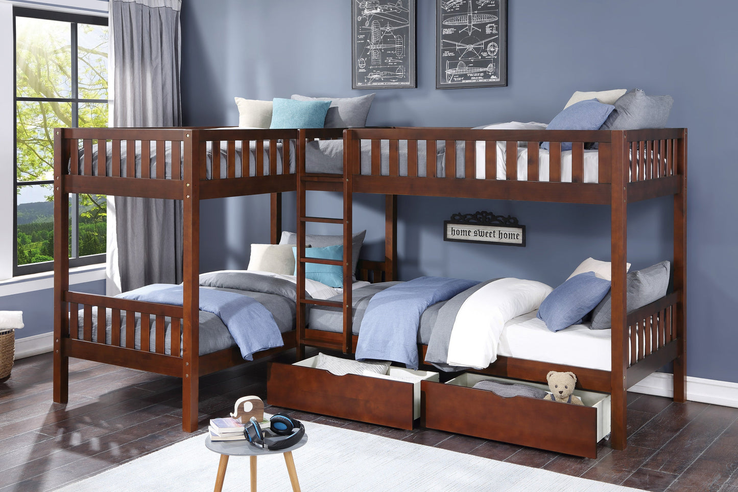 Rowe Dark Cherry Twin Corner Bunk Bed with Storage Boxes - SET | B2013CNDC-1 | B2013CNDC-2 | B2013CNDC-SL | B2013DC-T - Luna Furniture - Dallas Store
