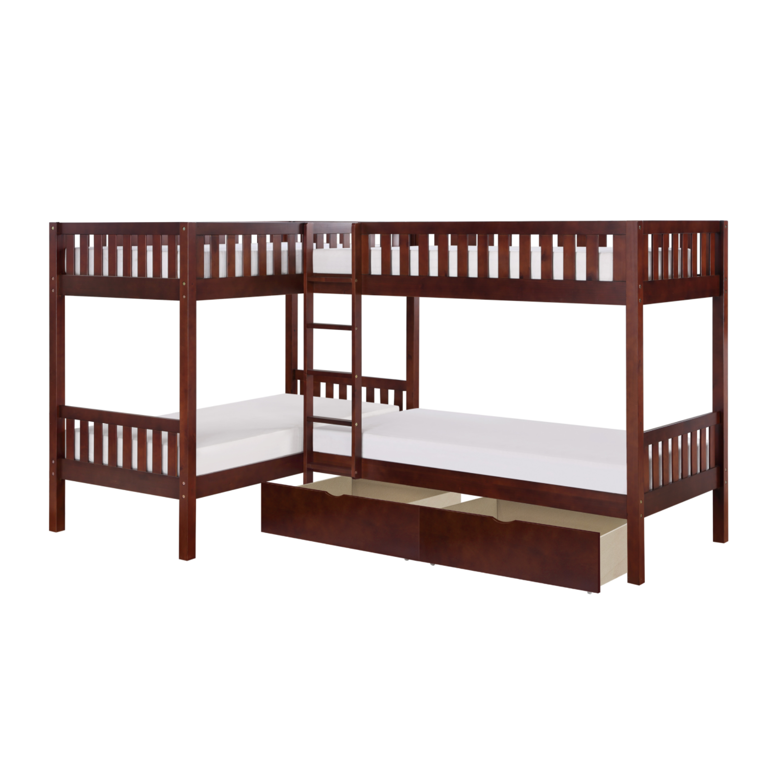 Rowe Dark Cherry Twin Corner Bunk Bed with Storage Boxes - SET | B2013CNDC-1 | B2013CNDC-2 | B2013CNDC-SL | B2013DC-T - Luna Furniture - Dallas Store