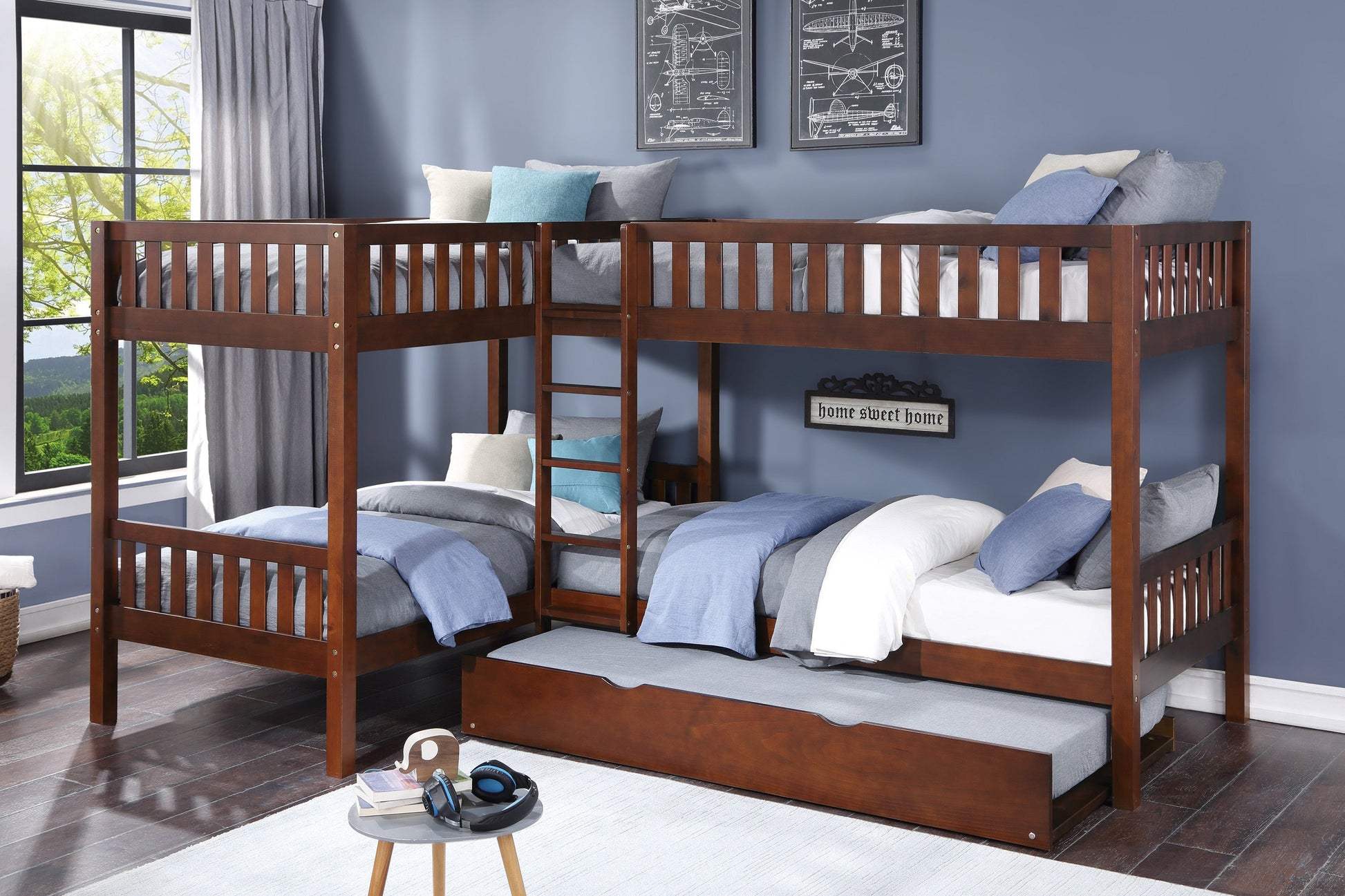 Rowe Dark Cherry Twin Corner Bunk Bed with Twin Trundle - SET | B2013CNDC-1 | B2013CNDC-2 | B2013CNDC-SL | B2013DC-R - Luna Furniture - Dallas Store