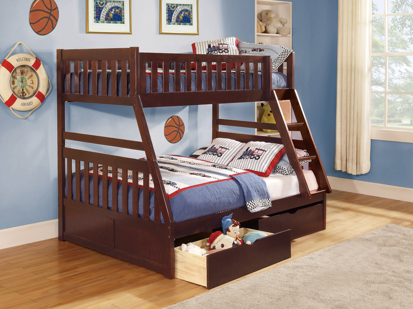 Rowe Dark Cherry Twin/Full Bunk Bed with Storage Boxes - SET | B2013TFDC-1 | B2013TFDC-2 | B2013TFDC-SL | B2013DC-T - Luna Furniture - Dallas Store