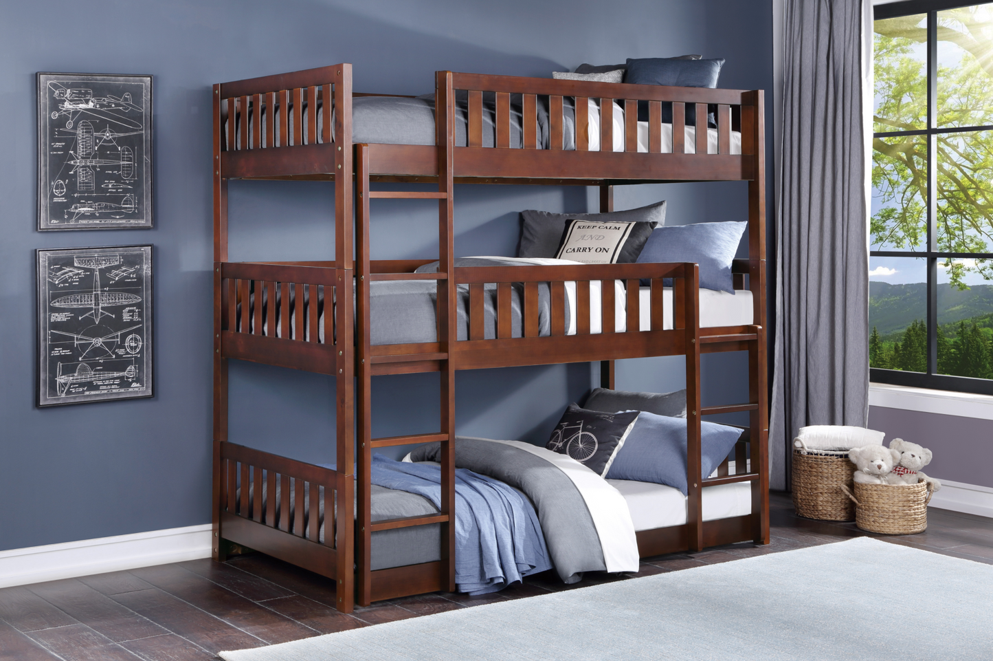 Rowe Dark Cherry Twin Triple Bunk Bed - SET | B2013TTTDC-1 | B2013TTTDC-2 | B2013TTTDC-SL - Luna Furniture - Dallas Store