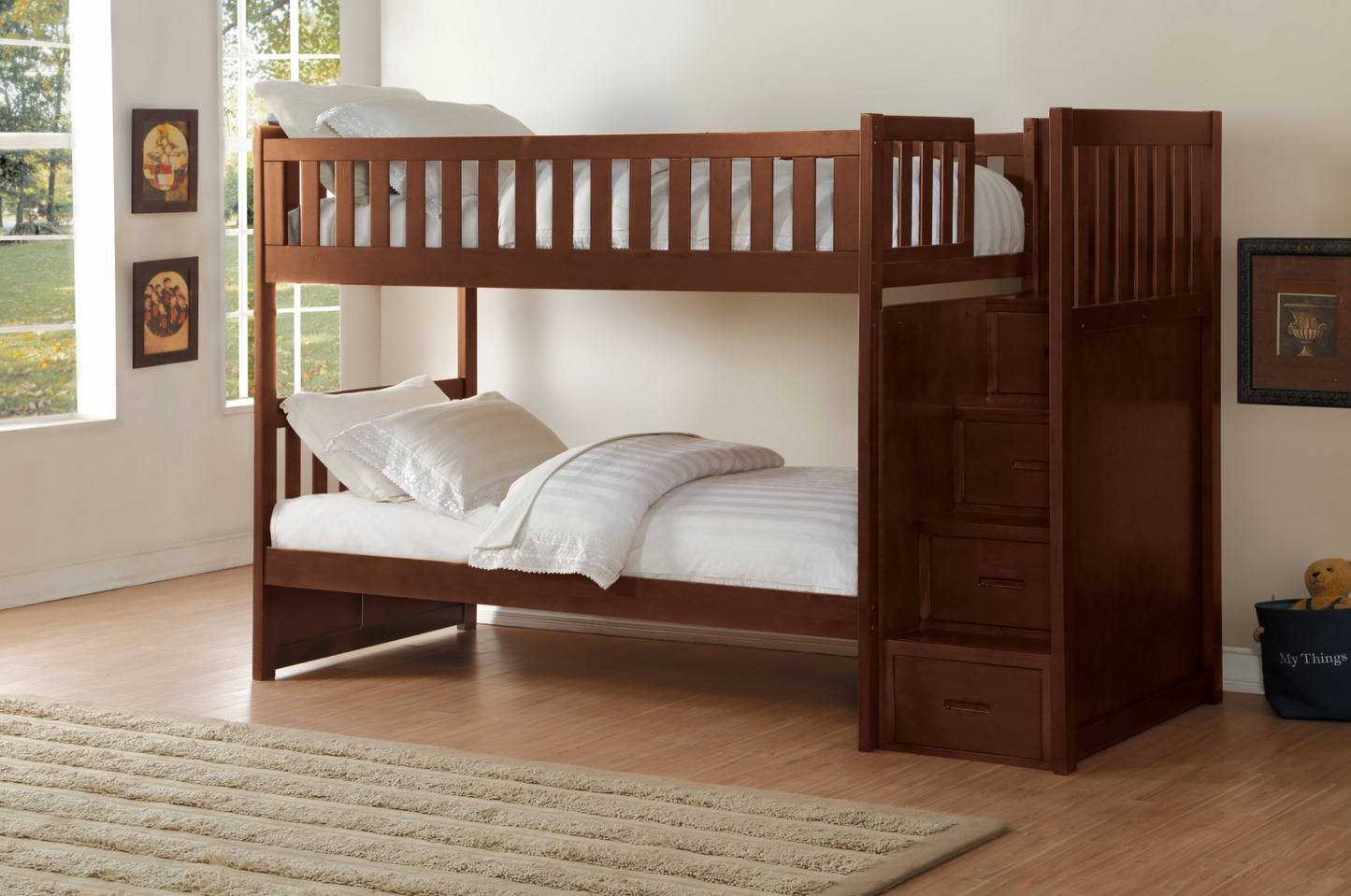 Rowe Dark Cherry Twin/Twin Step Bunk Bed - SET | B2013SBDC-1 | B2013SBDC-2 | B2013SBDC-3 | B2013SBDC-SL - Luna Furniture - Dallas Store