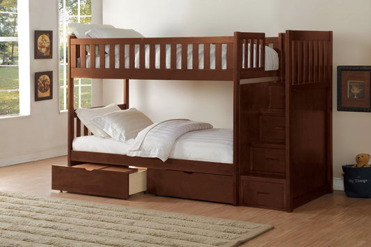 Rowe Dark Cherry Twin/Twin Step Bunk Bed with Storage Boxes - SET | B2013SBDC-1 | B2013SBDC-2 | B2013SBDC-3 | B2013SBDC-SL | B2013DC-T - Luna Furniture - Dallas Store
