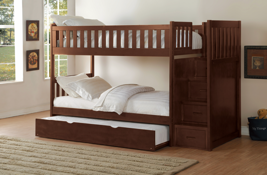Rowe Dark Cherry Twin/Twin Step Bunk Bed with Twin Trundle - SET | B2013SBDC-1 | B2013SBDC-2 | B2013SBDC-3 | B2013SBDC-SL | B2013DC-R - Luna Furniture - Dallas Store